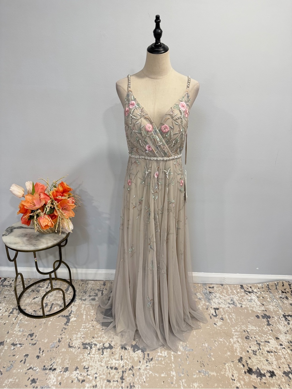 Mac Duggal Taupe Pink Multi Floral Embroidery Embellished Maxi Formal Gown